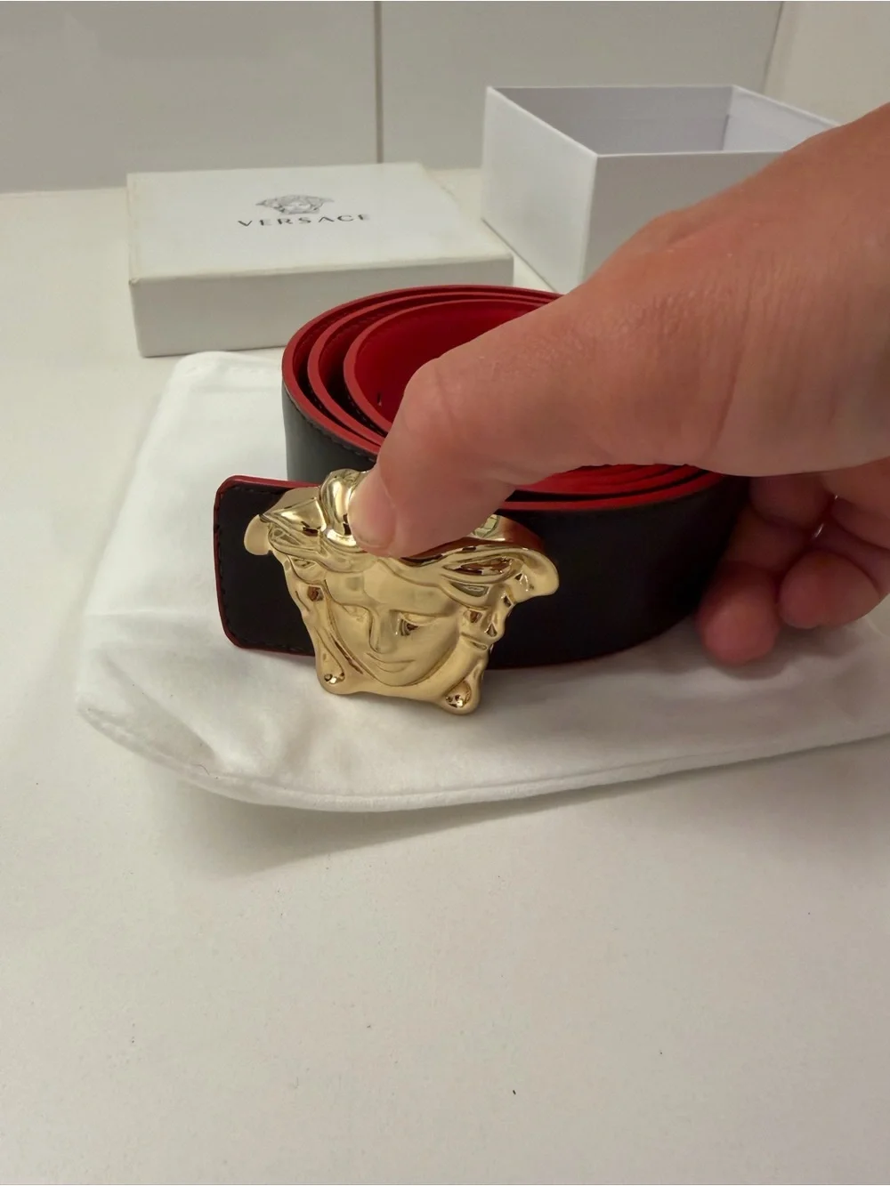 Versace Reversible Medusa Head Belt – Red/Black Leather